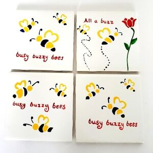 Busy Bee Tiles 4pcs Handpainted Bumble Bees and Flowers Buzzy Bees Whimsy Cute
